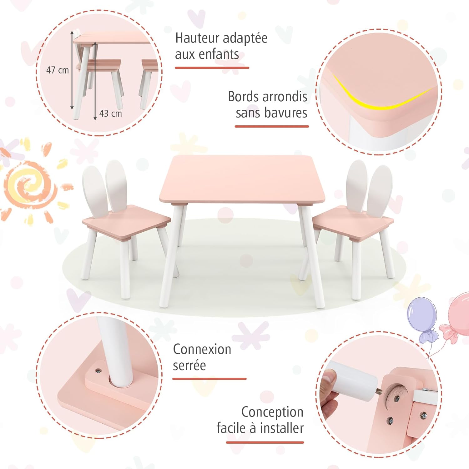 Table Enfant Avec 2 Chaises GOPLUS - Set Activités Lapin Ergonomique Blanc Pour Dessin Et Étude