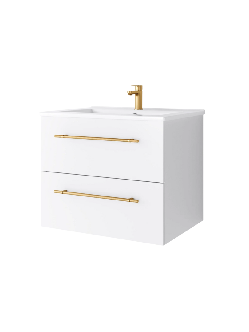 Zestaw szafka łazienkowa z umywalką ceramiczną Uptrend NAVA 60, 0D2S Biały Mat - uchwyt złoto 1 kpl.