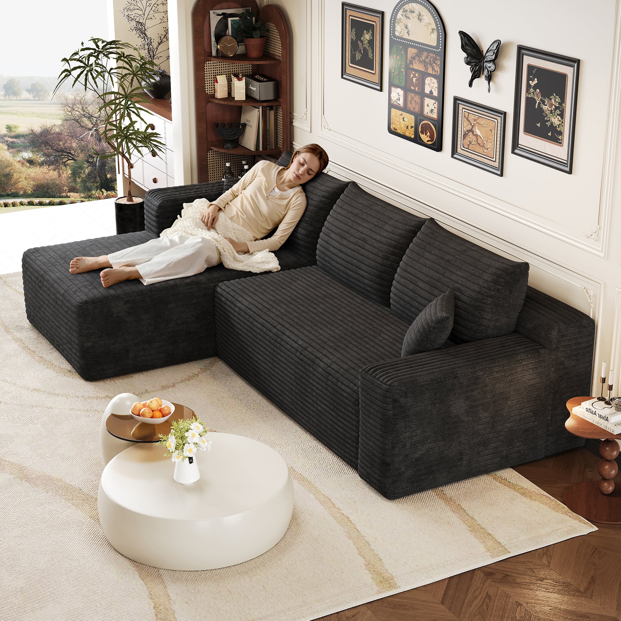Canapé d'angle Cloud 241 cm en velours côtelé noir assise profonde méridienne confortable sans montage salon moderne minimaliste - 8