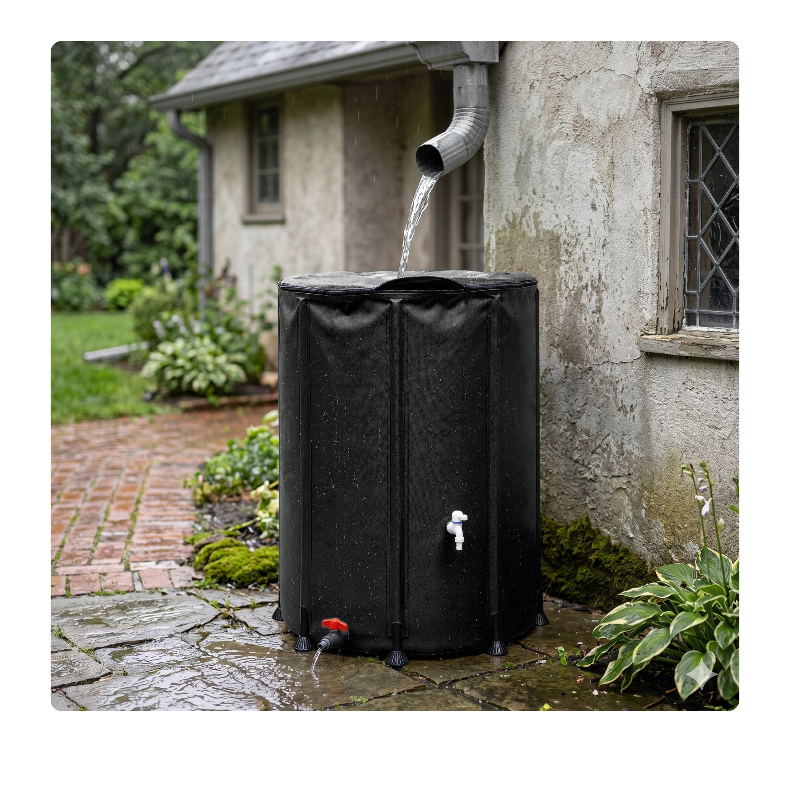 Depósito dobrável de água da chuva em PVC preto, 250 l, 80 x ø 60 cm, jardim e varanda, 2 torneiras, transbordo e tampa anti-folhas, Relaxdays - 3