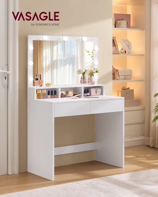 YITAHOME Tocador Con Espejo LED Ajustable – 3 Modos De Luz – 80x40x140 Cm – Vidrio Templado – Enchufes USB Y Soporte Para Secador
