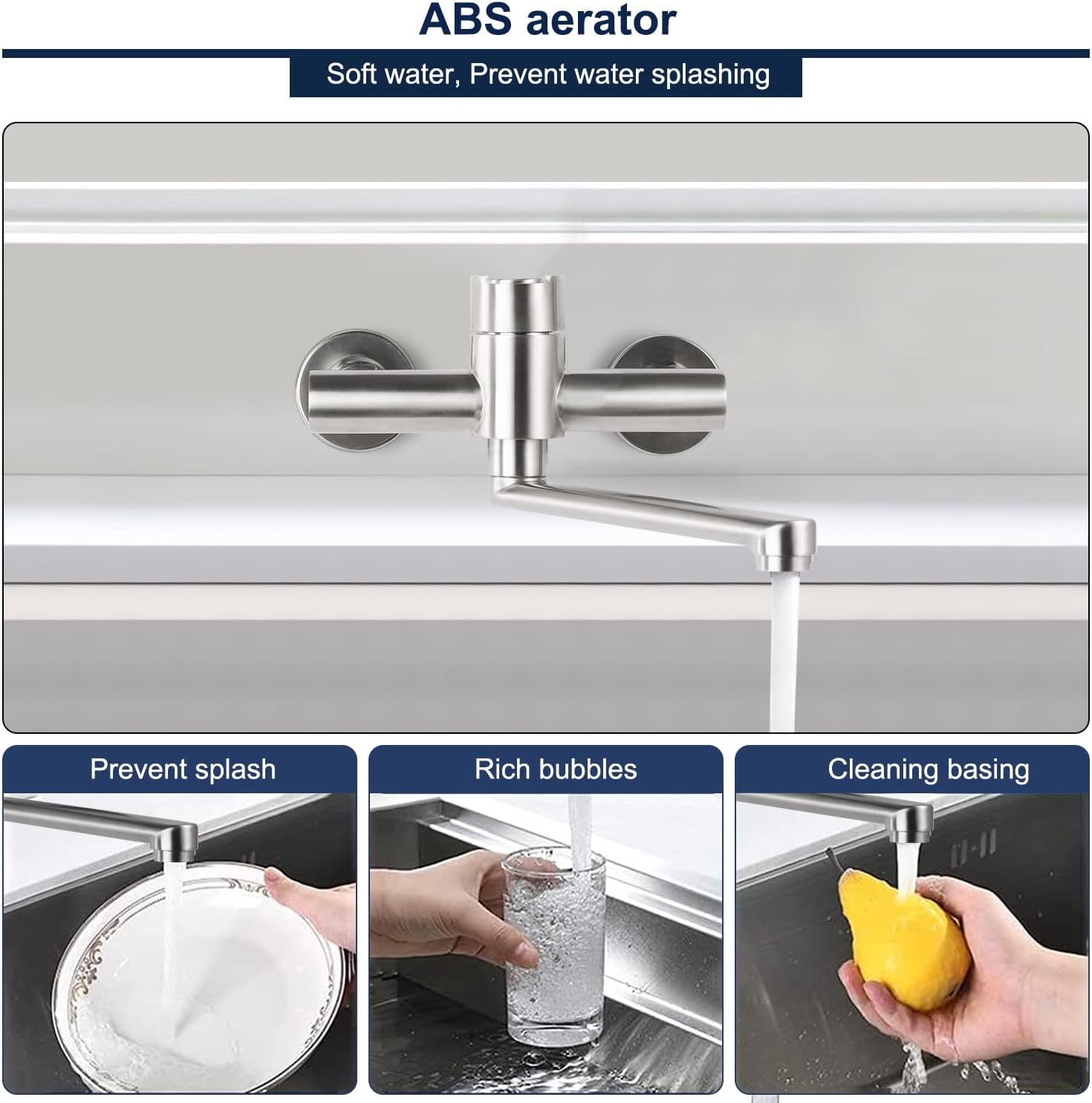 Rubinetto da cucina a parete, miscelatore a parete in acciaio inossidabile, lavello da cucina girevole a 360°, acqua calda e fredda, spazzolato - 3