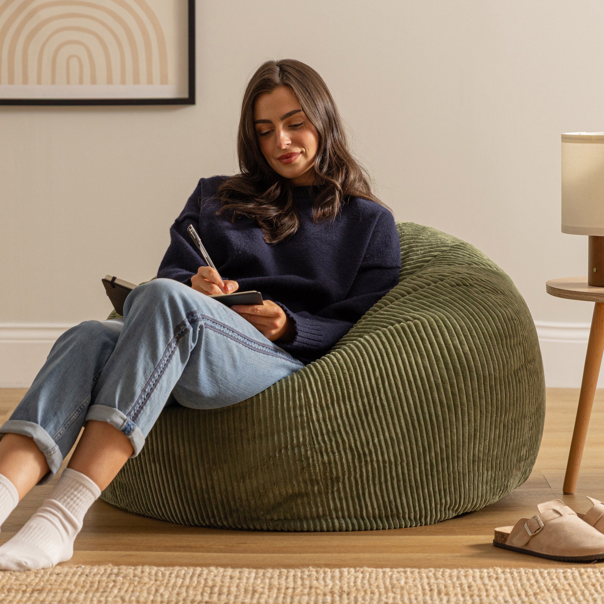 Pouf Icon in velluto a coste verde salvia, soggiorno, camera da letto, 85x85 cm, Made in Germany, Oeko-Tex® - 3