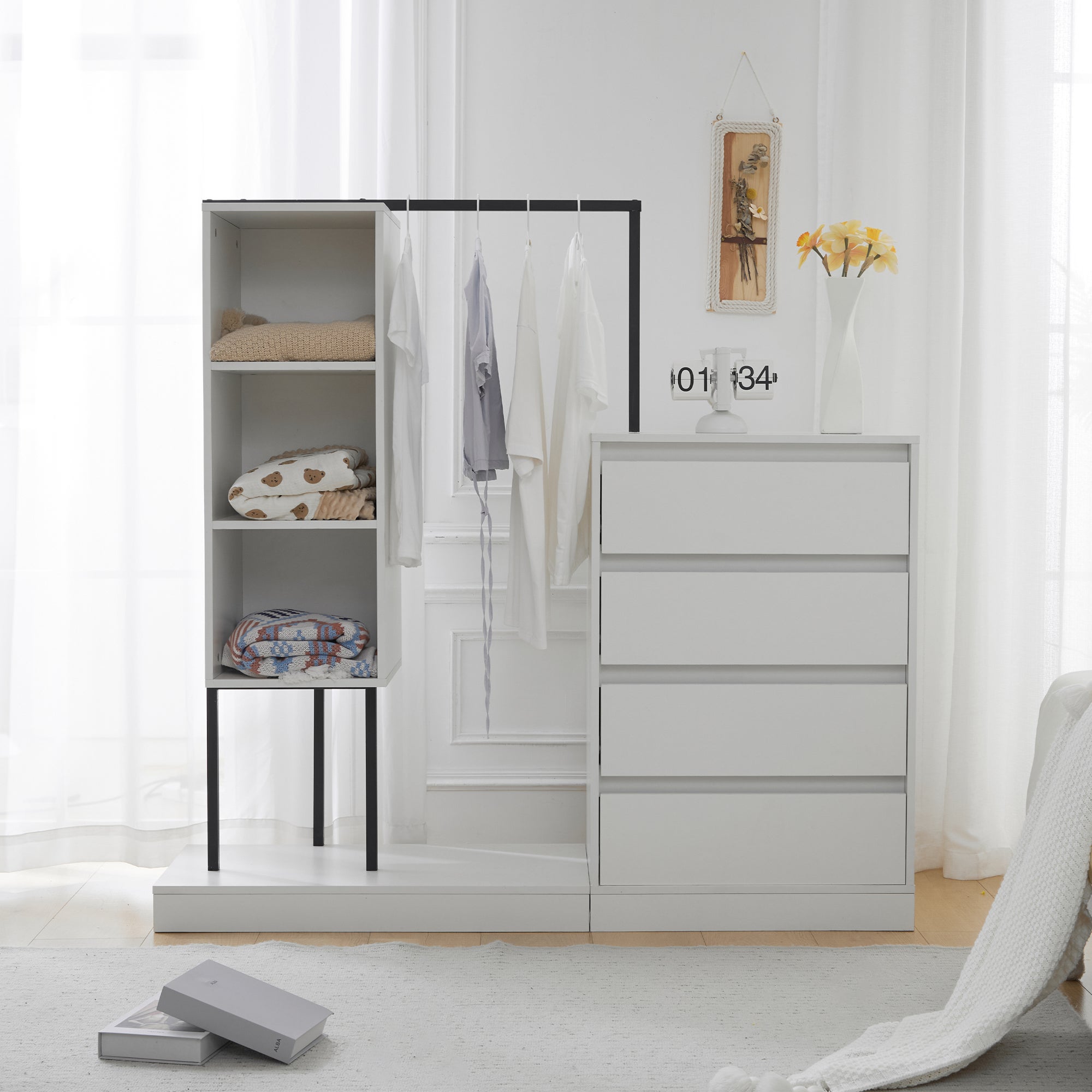 Szafa z 4 szufladami i 3 półkami - 140 x 40 x 135 cm - Drążek na ubrania - Płyta wiórowa - Biały