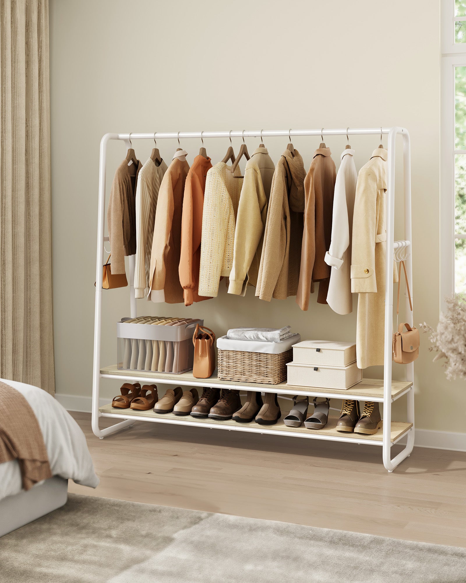 Portant à Vêtement, avec 2 Étagères, 6 Crochets en Forme de S, Cadre en Acier, 45 x 138 x 160 cm, Beige Naturel et Blanc Mat - 2