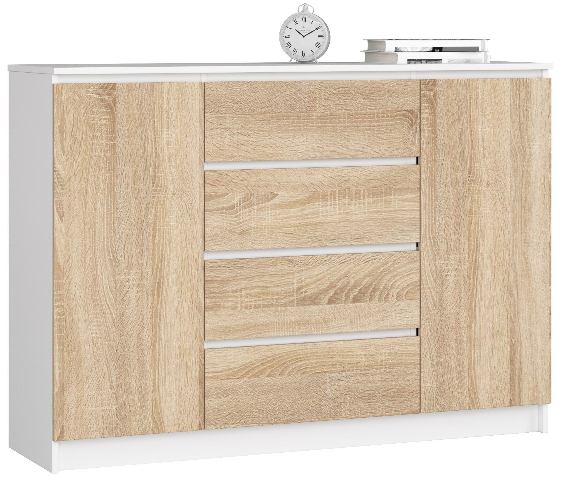 Komoda AKORD K140 Biała 138 cm 2 drzwi 4 szuflady kolor Dąb Sonoma mat 4 półki 138x40x99 cm