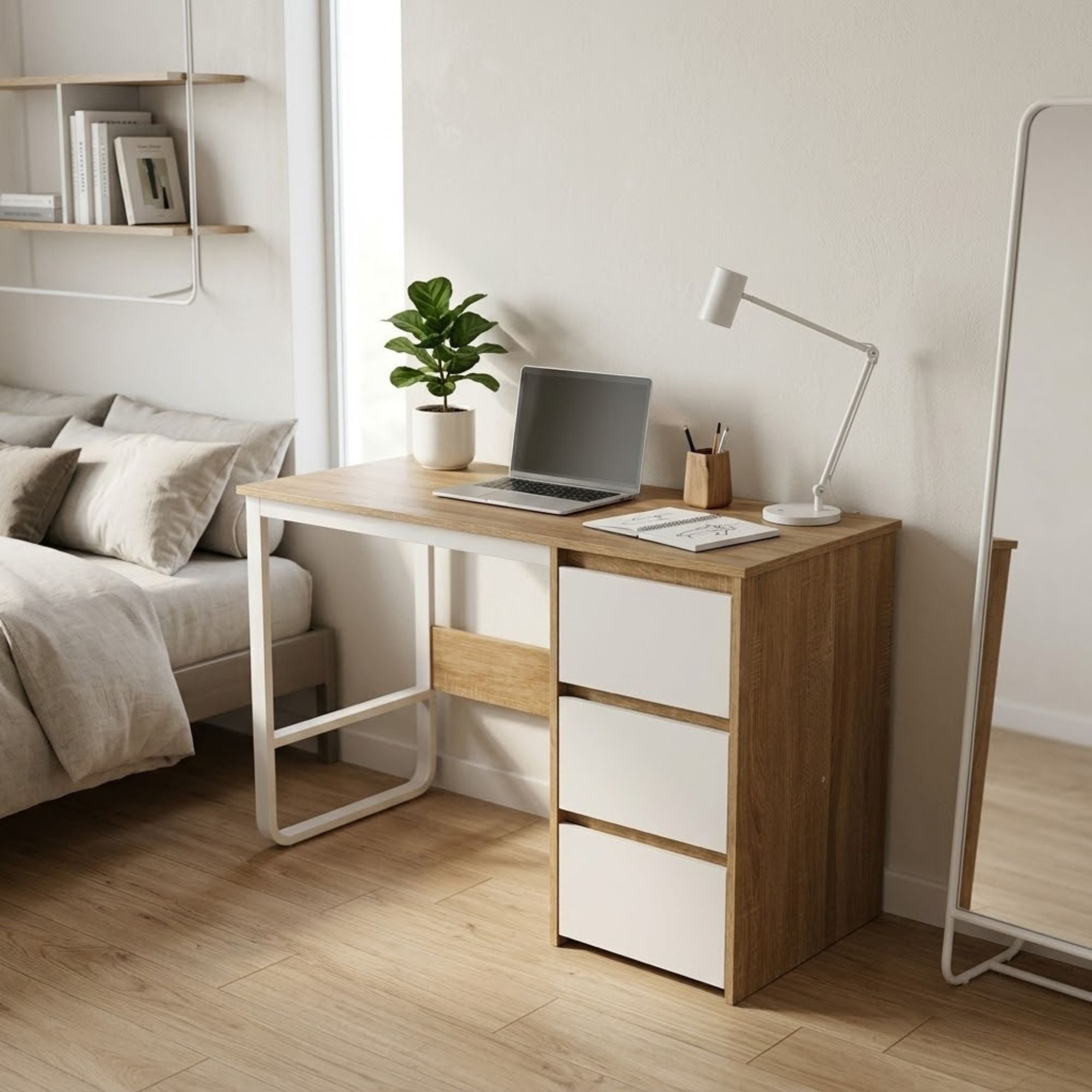 Bureau de 120 cm avec 3 tiroirs, bureau d'ordinateur moderne, structure métallique blanche, couleur Sonoma/blanc 120 x 48 x 74 cm - 2