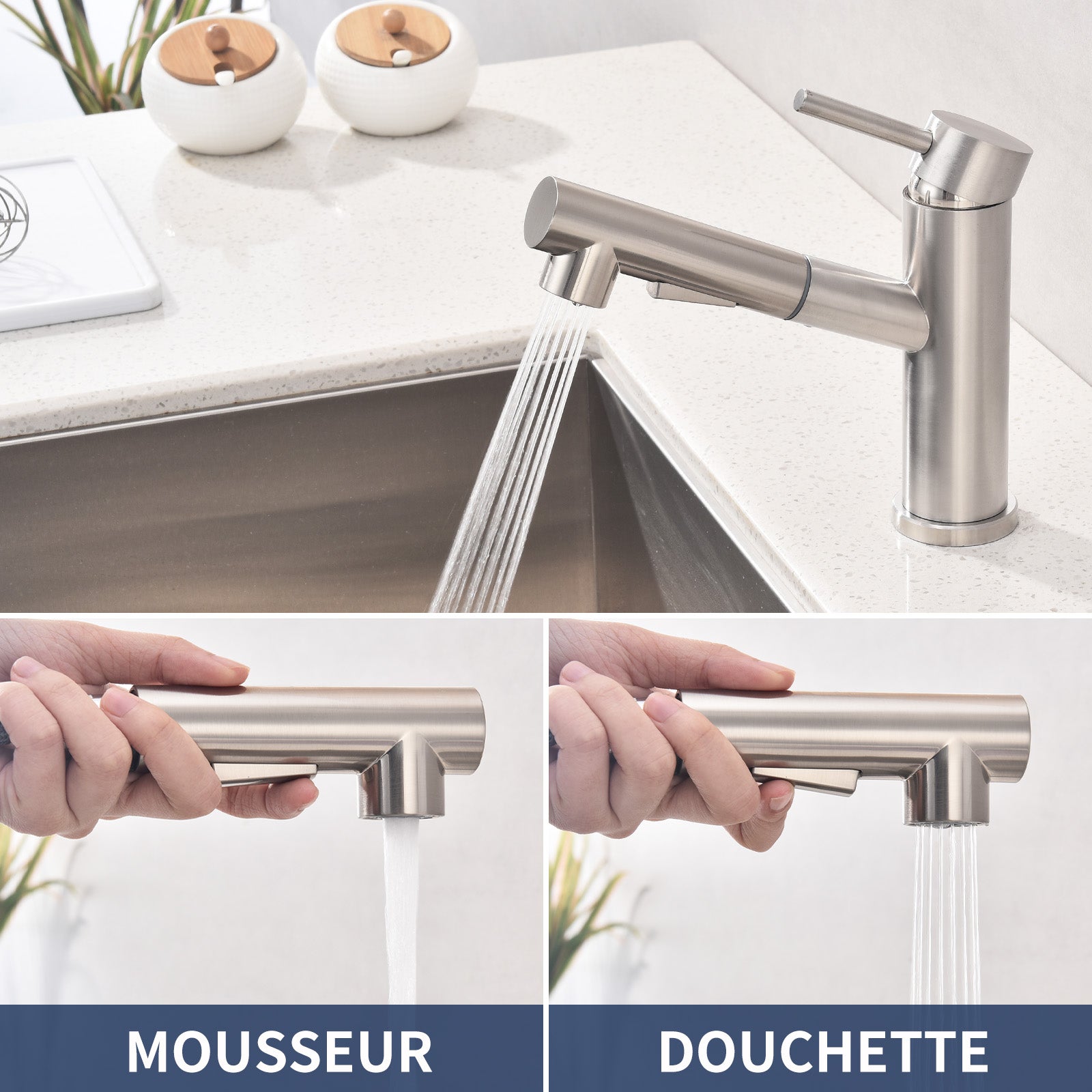 Mitigeur Cuisine avec 2 Modes de Jet Robinet Cuisine avec Douchette Extractible Mitigeur Evier en Inox Brosse Eau Chaude et Froide - 2