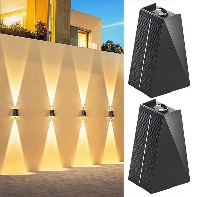 Lot de 2 appliques murales solaires d'extérieur, éclairage haut-bas, lampe de lavage murale solaire, lumière solaire étanche du crépuscule à l'aube