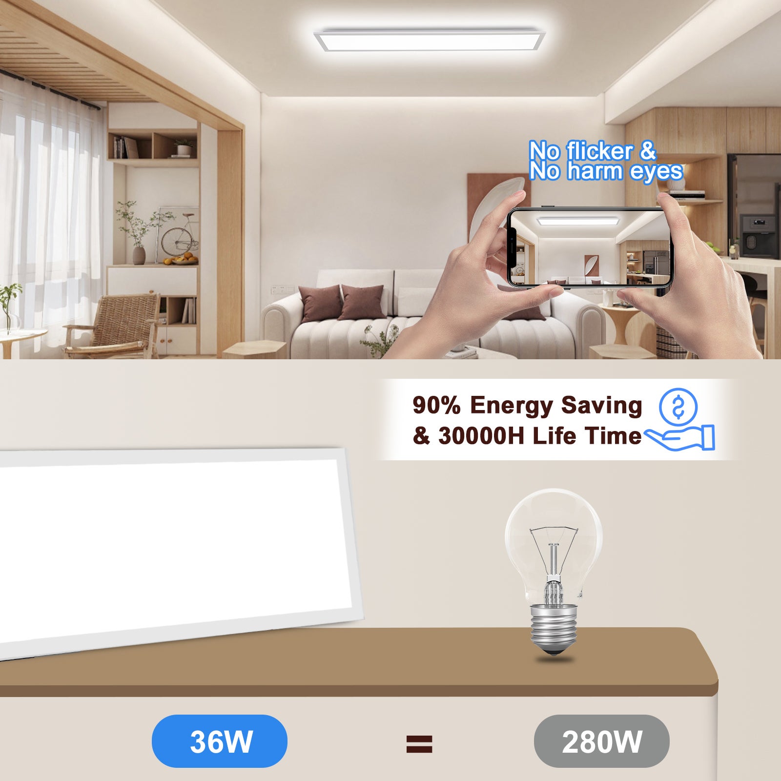 LOVHAUS Panneau LED 120x30CM, Intérieur Plafonnier LED Avec Télécommande, Variation Blancs Et Intensité, Avec Fonction Mémoire Et Minuterie, Blanc - 9