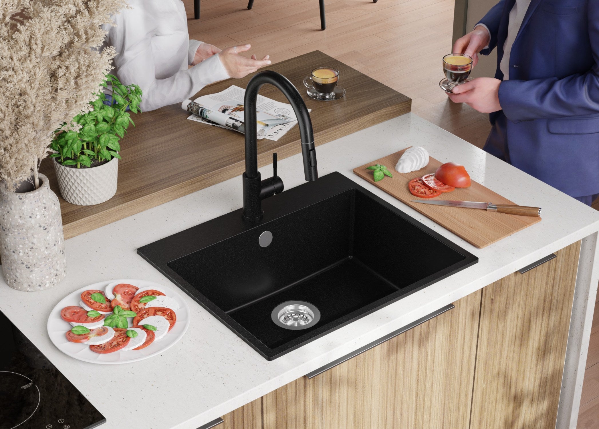 Evier Cuisine en Granit Tout Noir 58x50cm, Lavabo 1 bac + Kit de Vidage, Évier à Encastrer au meuble 60cm - Riga PRIMAGRAN - 4