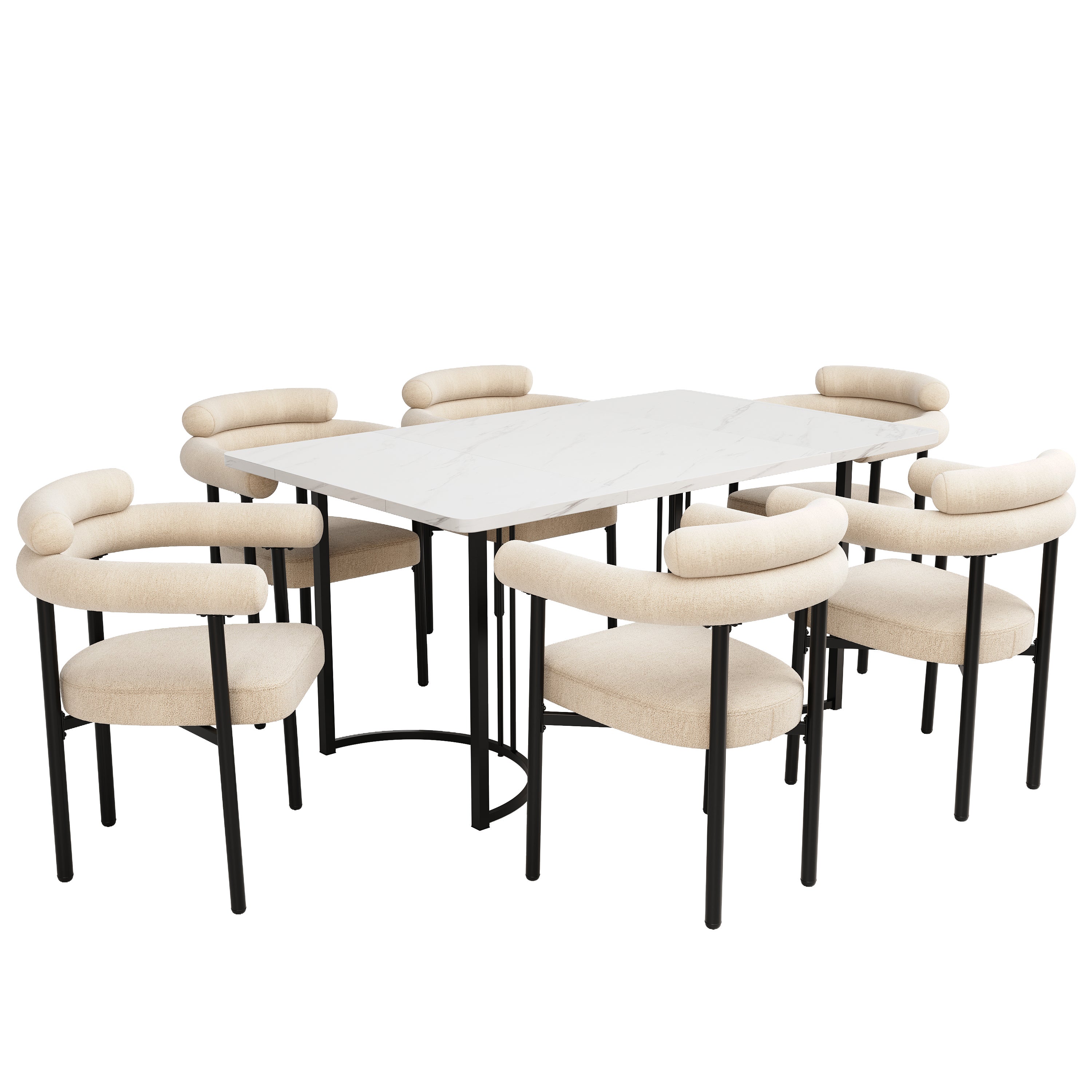 Ensemble table à manger + 6 chaises en velours - 140 x 80 x 75 cm - Bois MDF et métal - Plateau en effet marbre - Beige + blanc - 3