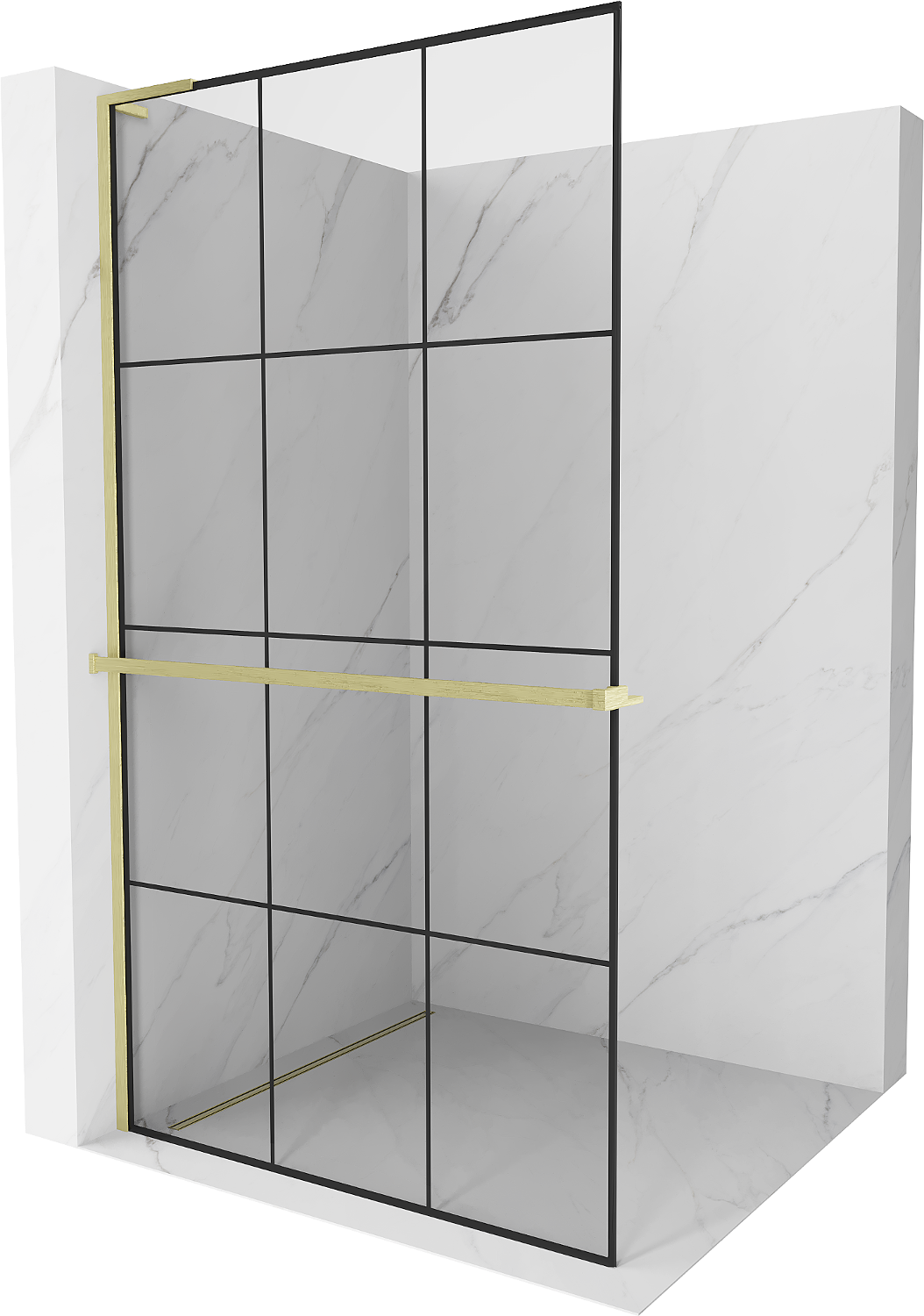 Mexen Kioto+ L ścianka prysznicowa z półką Walk-in 120 x 200 cm, czarna kratka, złota szczotkowana - 800-120-123-55-77