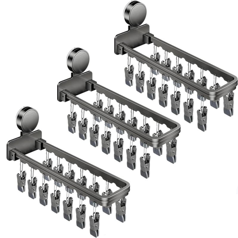 Składana suszarka ścienna z przyssawką i 14 klipsami do skarpetek, bielizny, ubrań i ręczników (opakowanie 3 szt.)