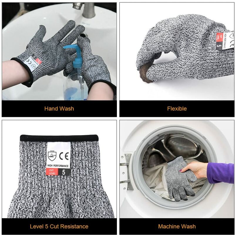 5 Paires Gants de Travail, Gants Anti-Coupures Enfant Femme, Gants de Coupe Protection de Niveau 5 pour Cuisine ,Couteaux Certifié EN 388- S - 3