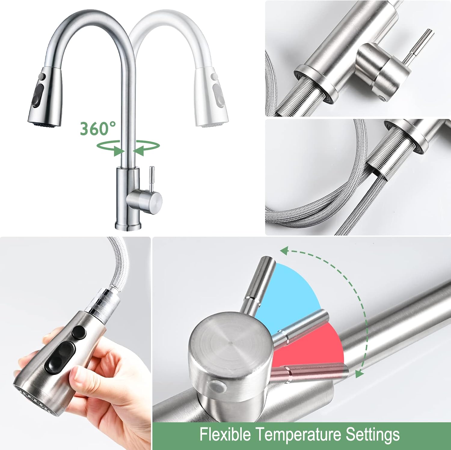 Robinet Cuisine Douchette Mitigeur Cuisine Pivotant à 360° d'Évier à Arc Élevé Robinet de Cuisine en Acier Inoxydable 3 Modes Pulvérisateur - 4