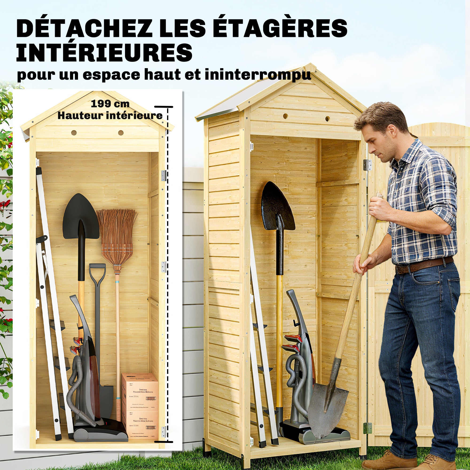 Armoire de Jardin en Bois Toit Acier Galvanisé Texture Gaufrée Étagères Réglables 85x58x213cm Bois Naturel - 6