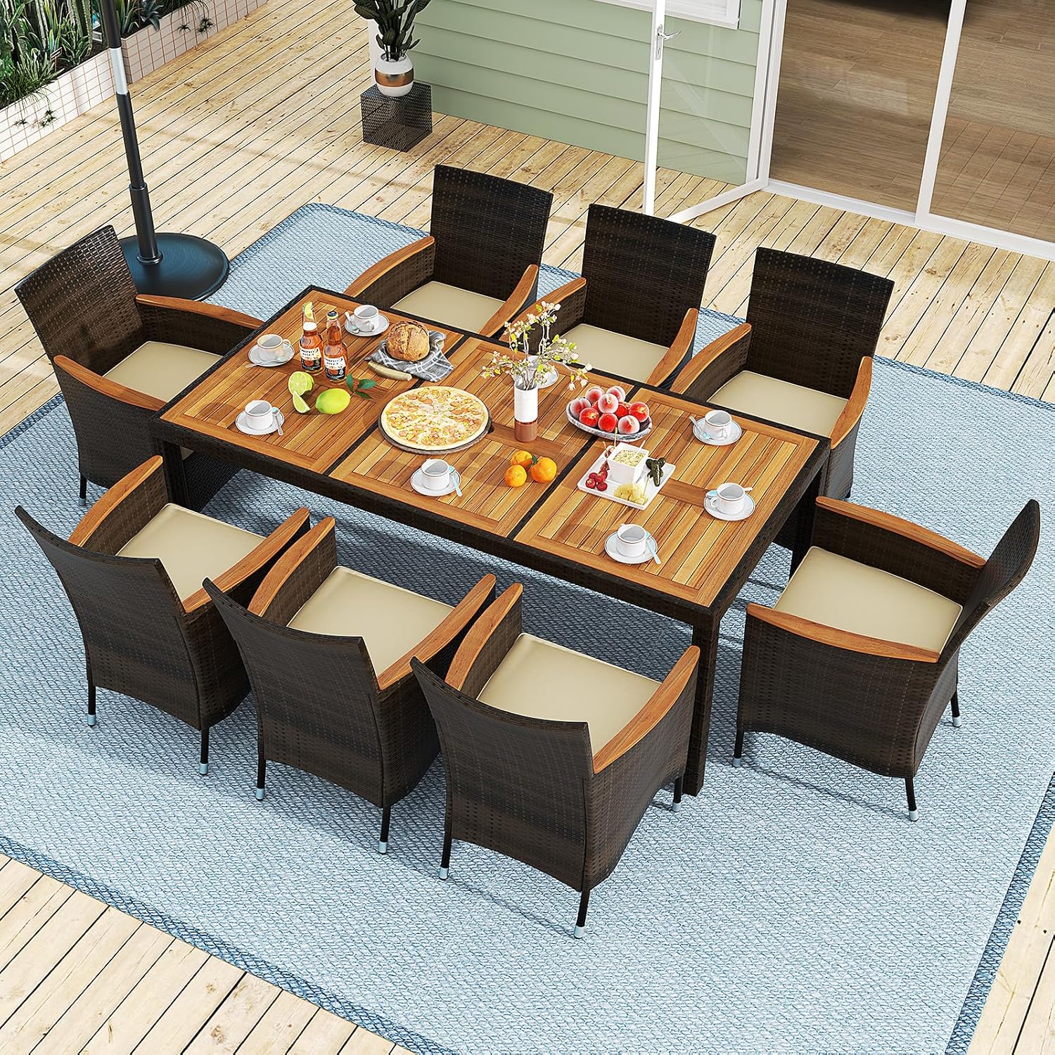 Salon de Jardin en Rotin 9 Pièces pour 8 Personnes Plateau de Table en Acacia, Ensemble de Salle à Manger , Chaise Charge 180KG, Marron+Beige - 2