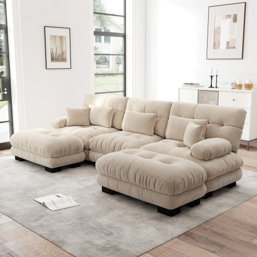 Canapé d'angle, canapé en U pour salon à 3 place avec pouf amovible, en tissu, beige - 3
