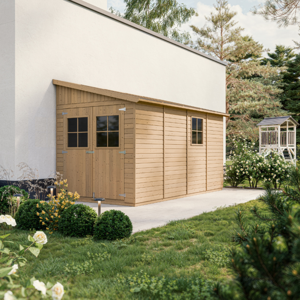 Abri de Jardin en Bois Naturel(avec paroi latérale) - Stockage extérieur avec fenêtres-H244x218x416 cm/8 m2, hangar en bois naturel - TIMBELA M340A - 4