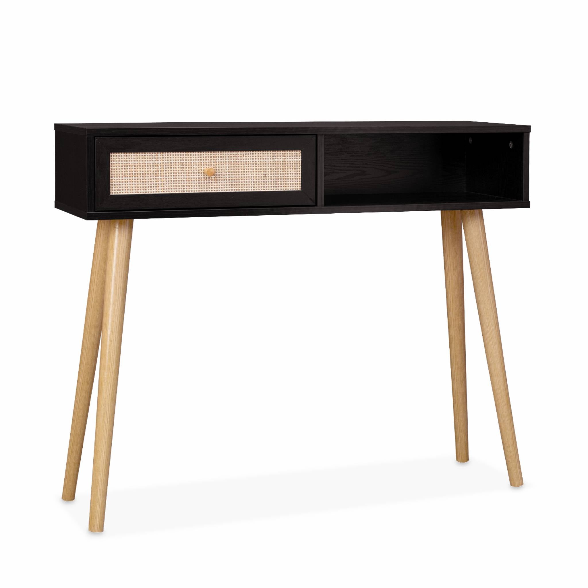 Console Eva Bois & Cannage Arrondi – Style Scandinave – 1 Tiroir Réversible + 1 Niche – L100 X P29 X H81 Cm