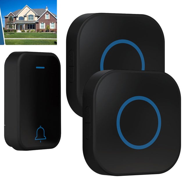 Campanello nero e wireless 350 m, impermeabile IP44, indicatore LED, 38 melodie, 4 livelli di volume, indicatore LED, 1 trasmettitore + 2 ricevitore