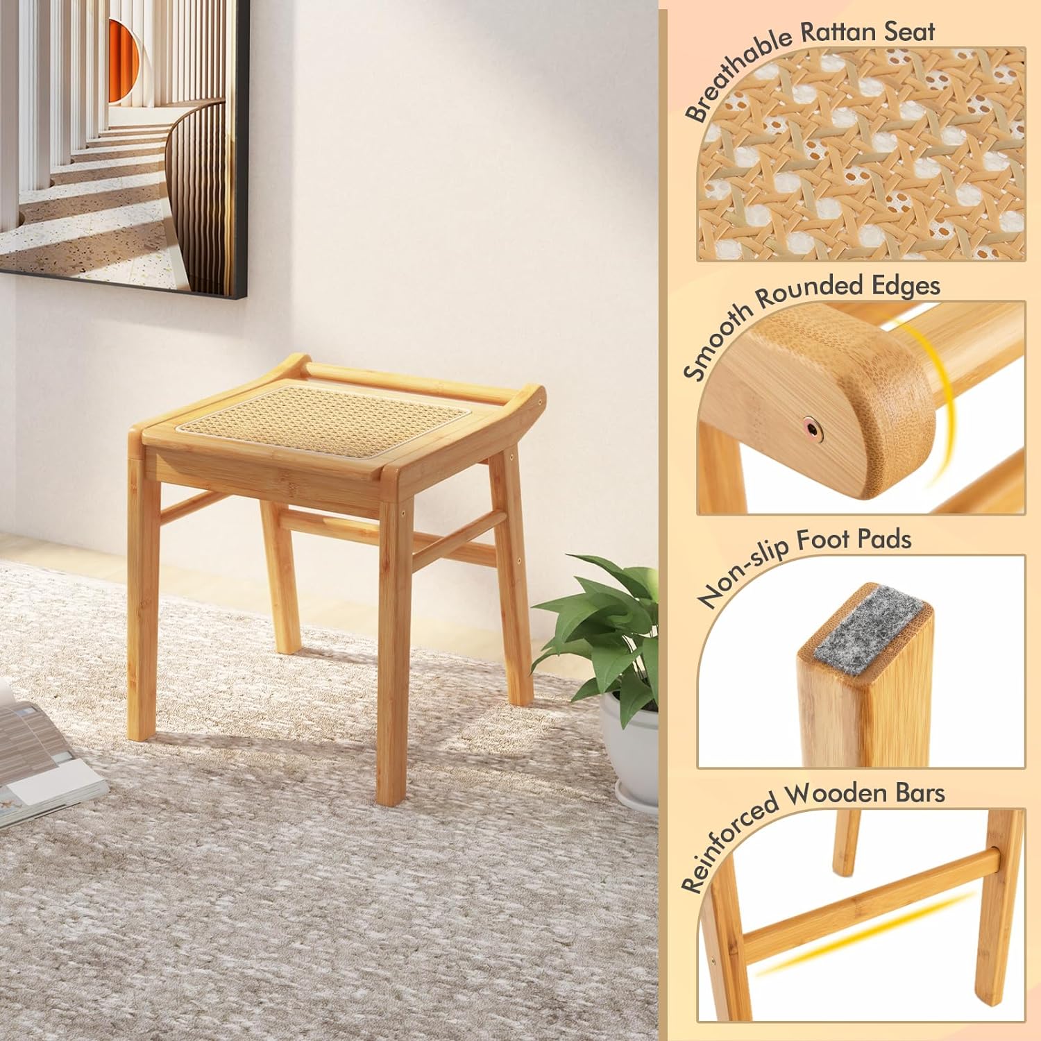 Tabouret de Coiffeuse en Bambou, Tabouret de Vanité, Pouf Ottoman avec Dessus en Rotin - 3