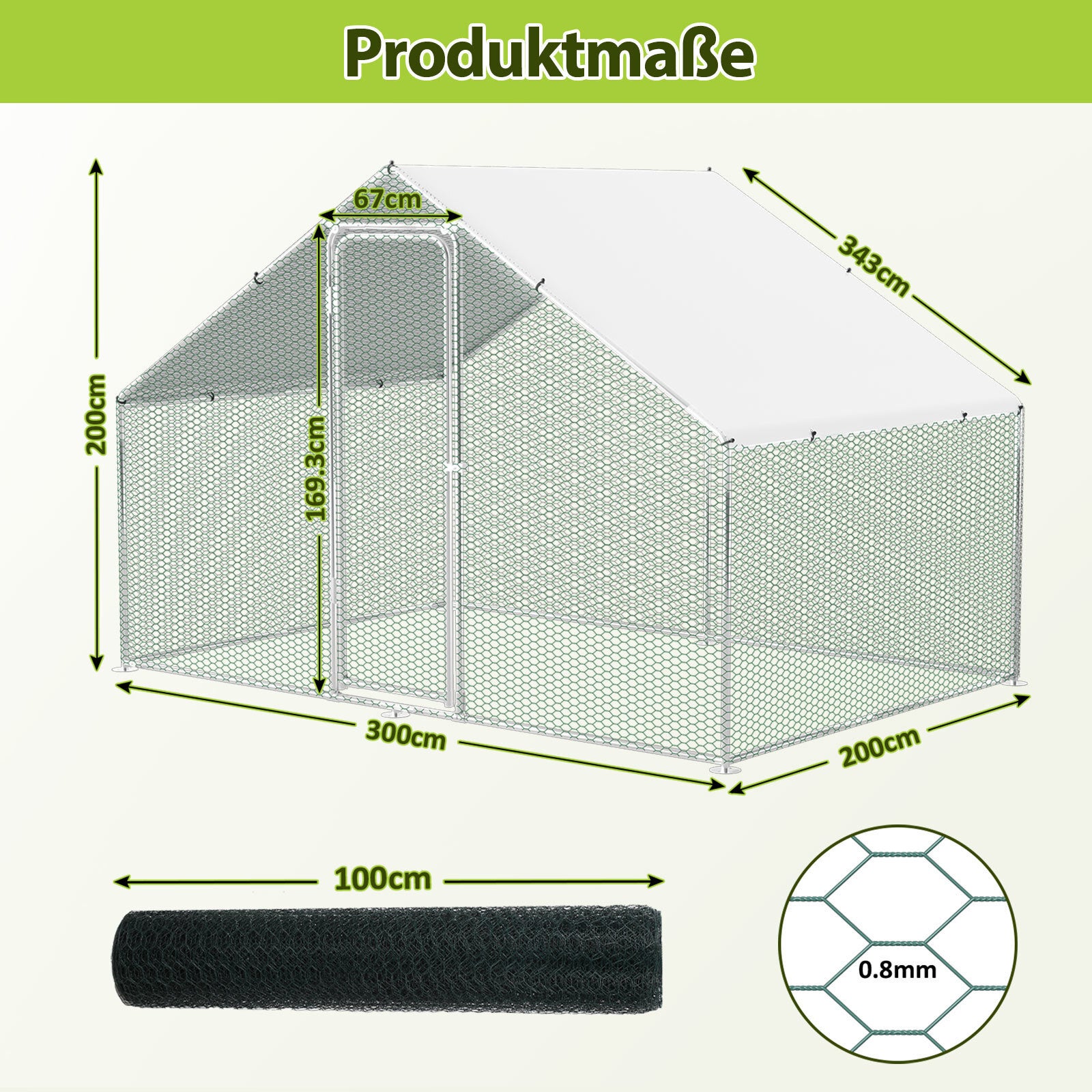 Galinheiro 3×2×2 m – Estrutura em aço galvanizado, viveiro externo, recinto para pequenos animais com porta - 2