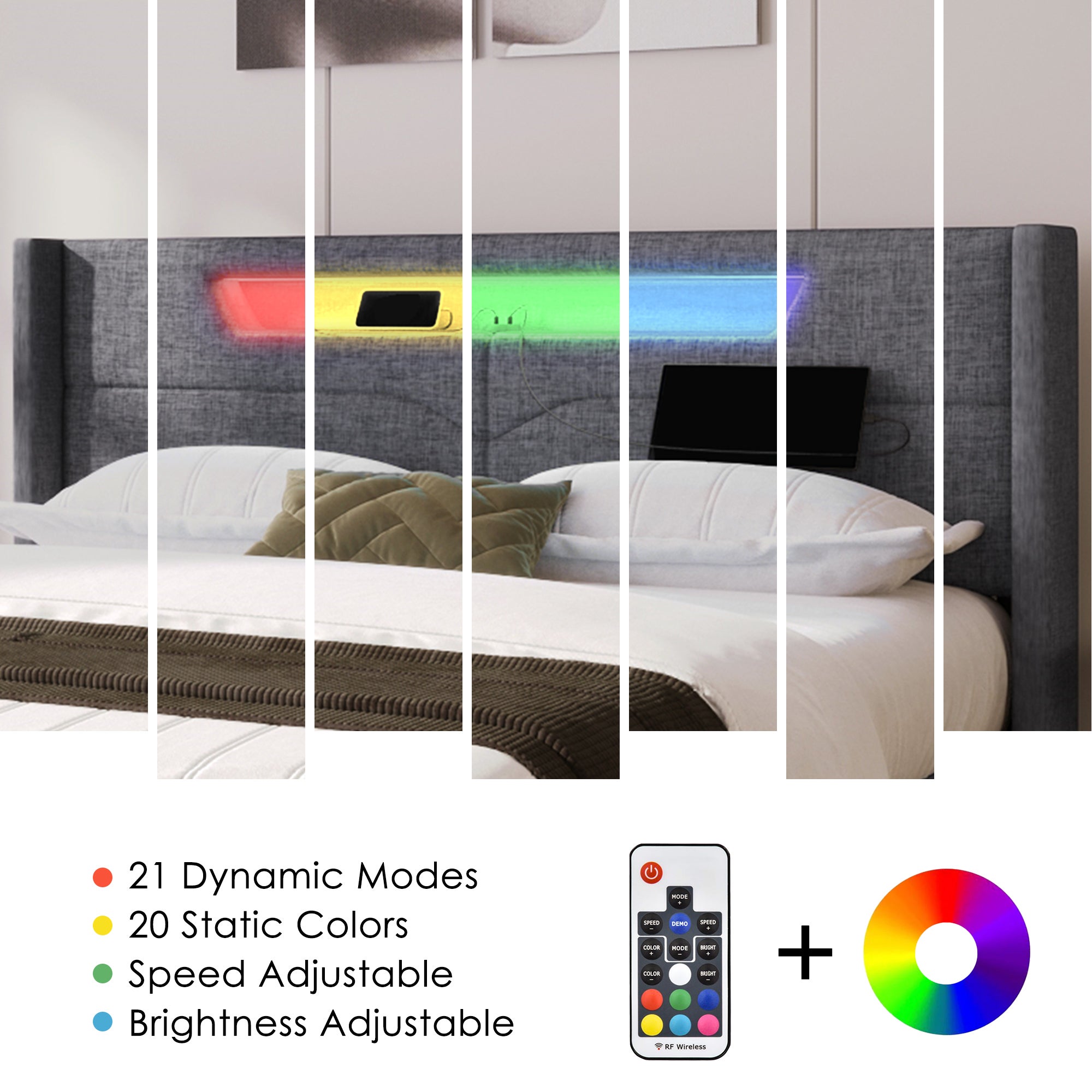 Cama arcón doble, lino, carga USB tipo C e iluminación LED, (140 x 200 cm, gris, sin colchón) - 8