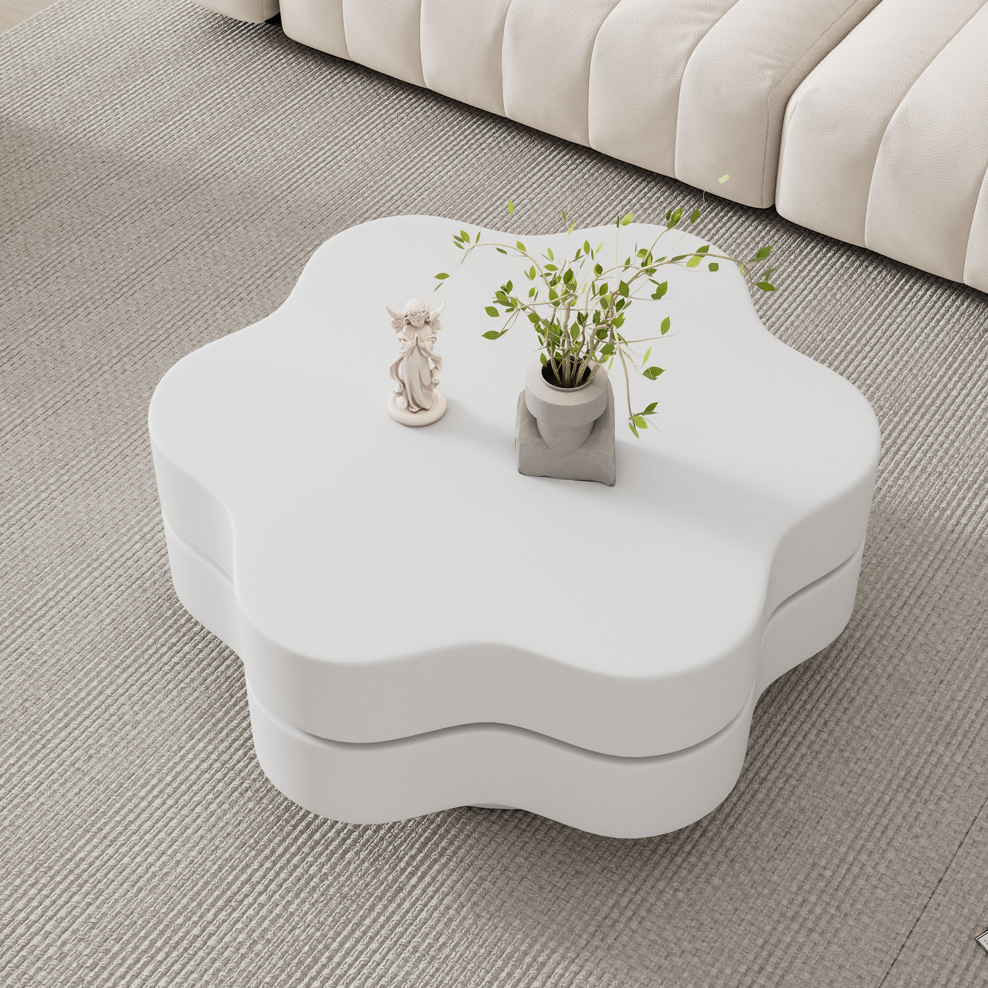 Table basse en forme de fleur 74.8x67.5x31 cm - Plateau pivotant à 360° - Design double couche - Blanc - 3