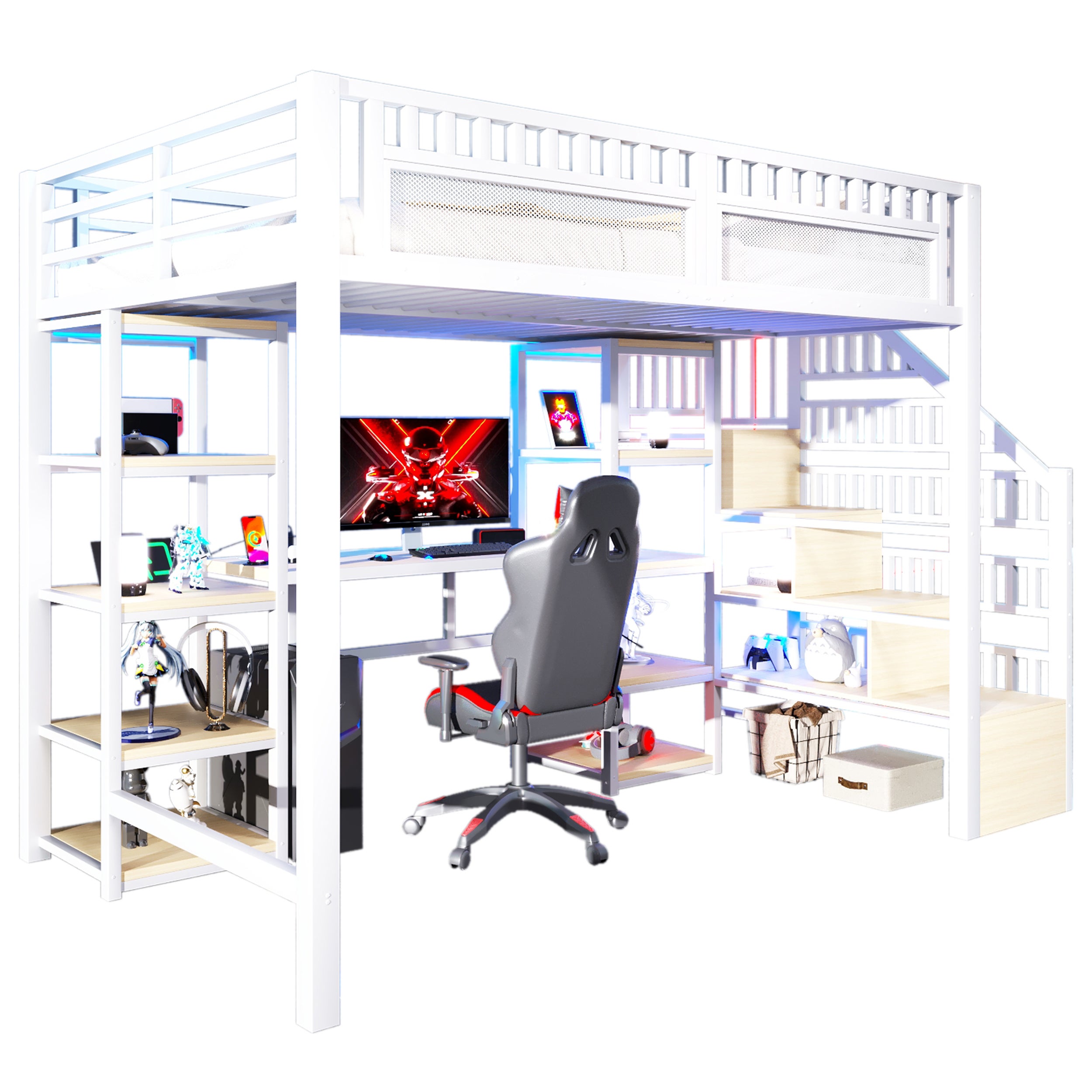 Łóżko piętrowe 140 x 200 cm z biurkiem, półkami - MDF + rama żelazna - listwa świetlna LED i port USB - białe (materac nie jest wliczony w cenę) - 7