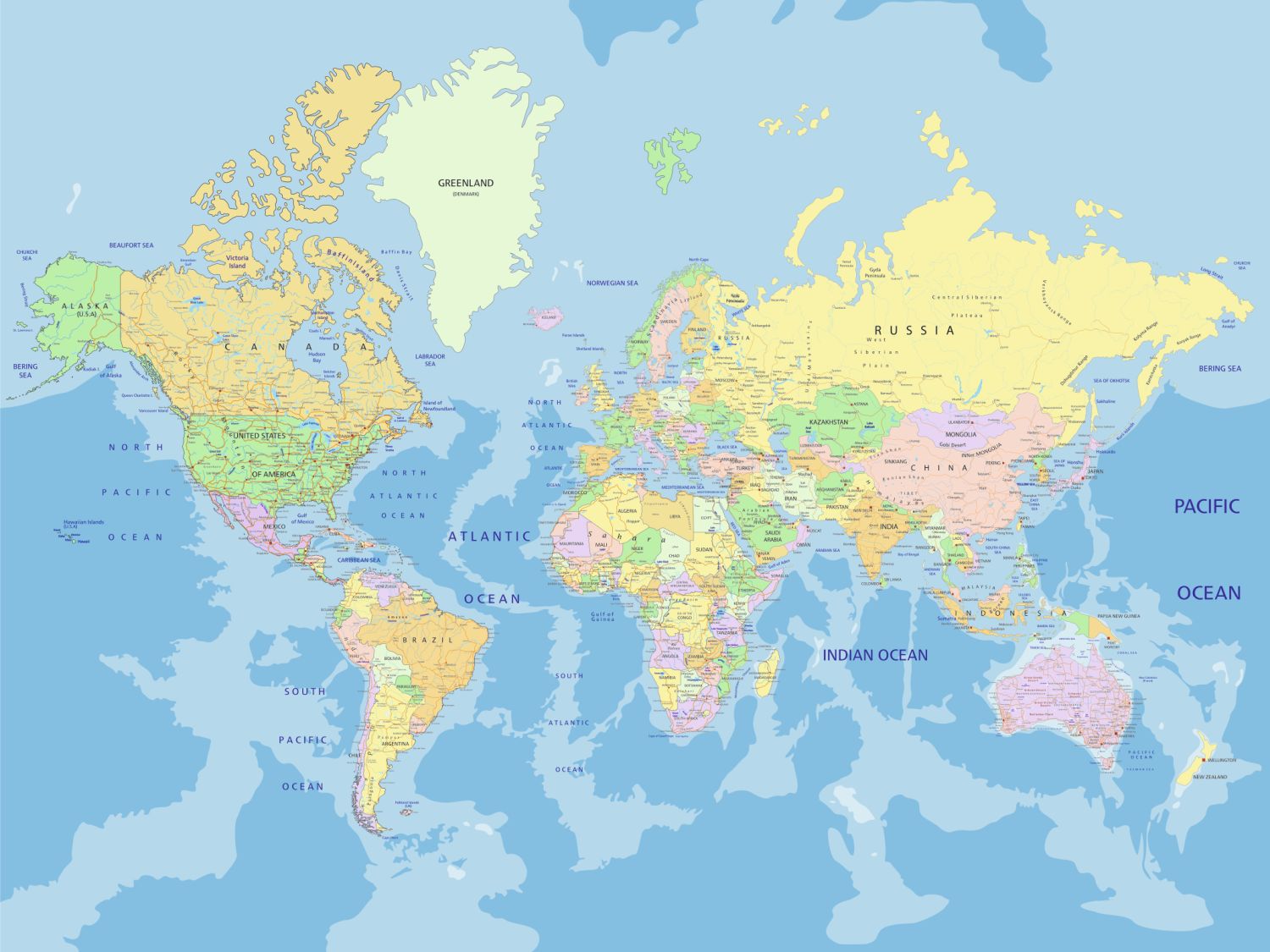 Fotomural mapa del mundo azul, amarillo y verde - 360 x 270 cm - sanders & sanders