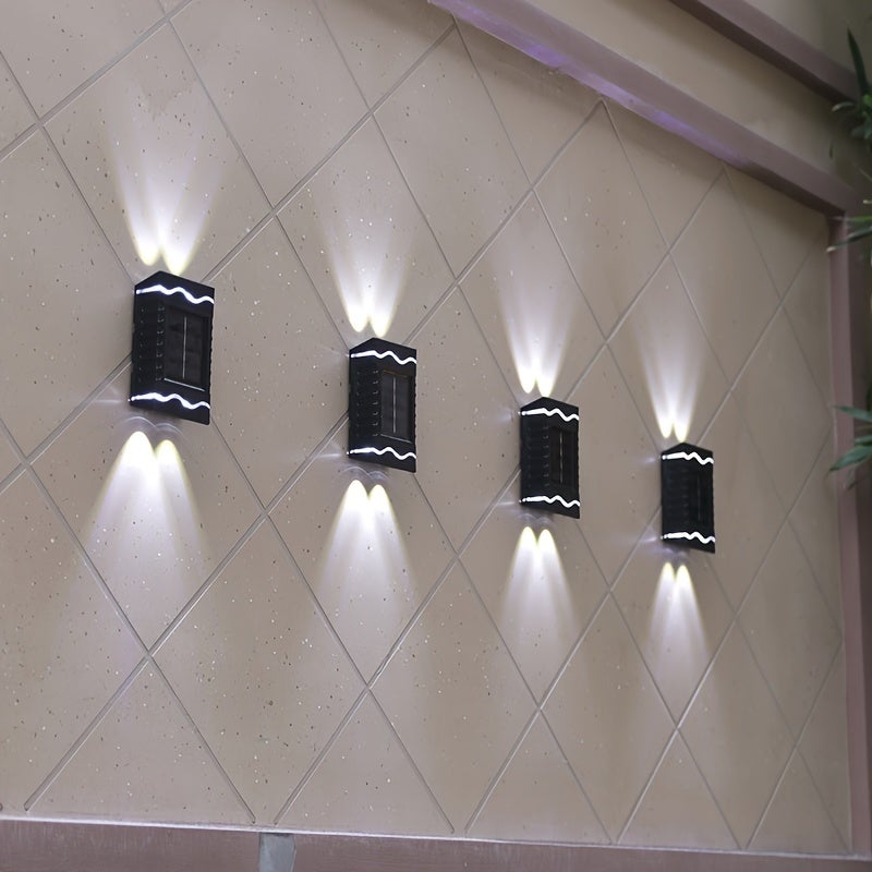 4 zewnętrzne, solarne lampy ścienne z 4 wypukłymi lustrami LED, wodoodporne, 6000 K, idealne na werandy i do garaży.