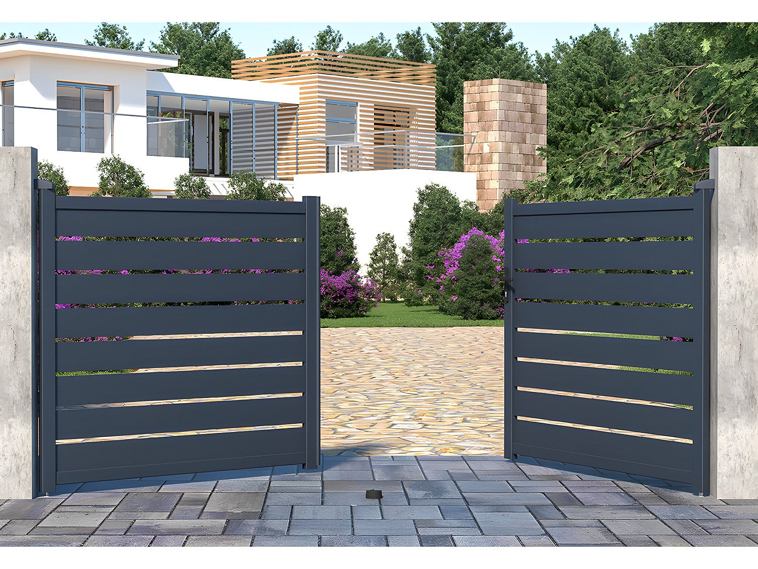 Brama wjazdowa rozwierna PRIMO, ażurowa, z aluminium w kolorze antracytowym – 350 ×&amp;nbsp;158 cm (szer. × wys.)