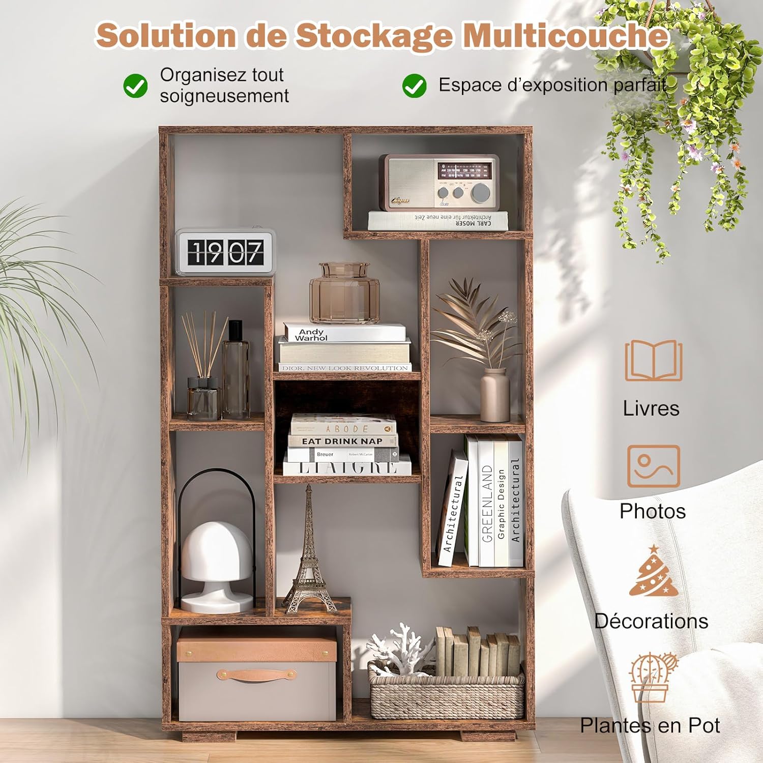 Bibliothèque Meuble de Rangement, Étagère Bureau en Bois pour Salon 70 x 20 x 120 CM, 9 Étagère Cube Ouverte, Kit Anti-basculement (Café) - 7