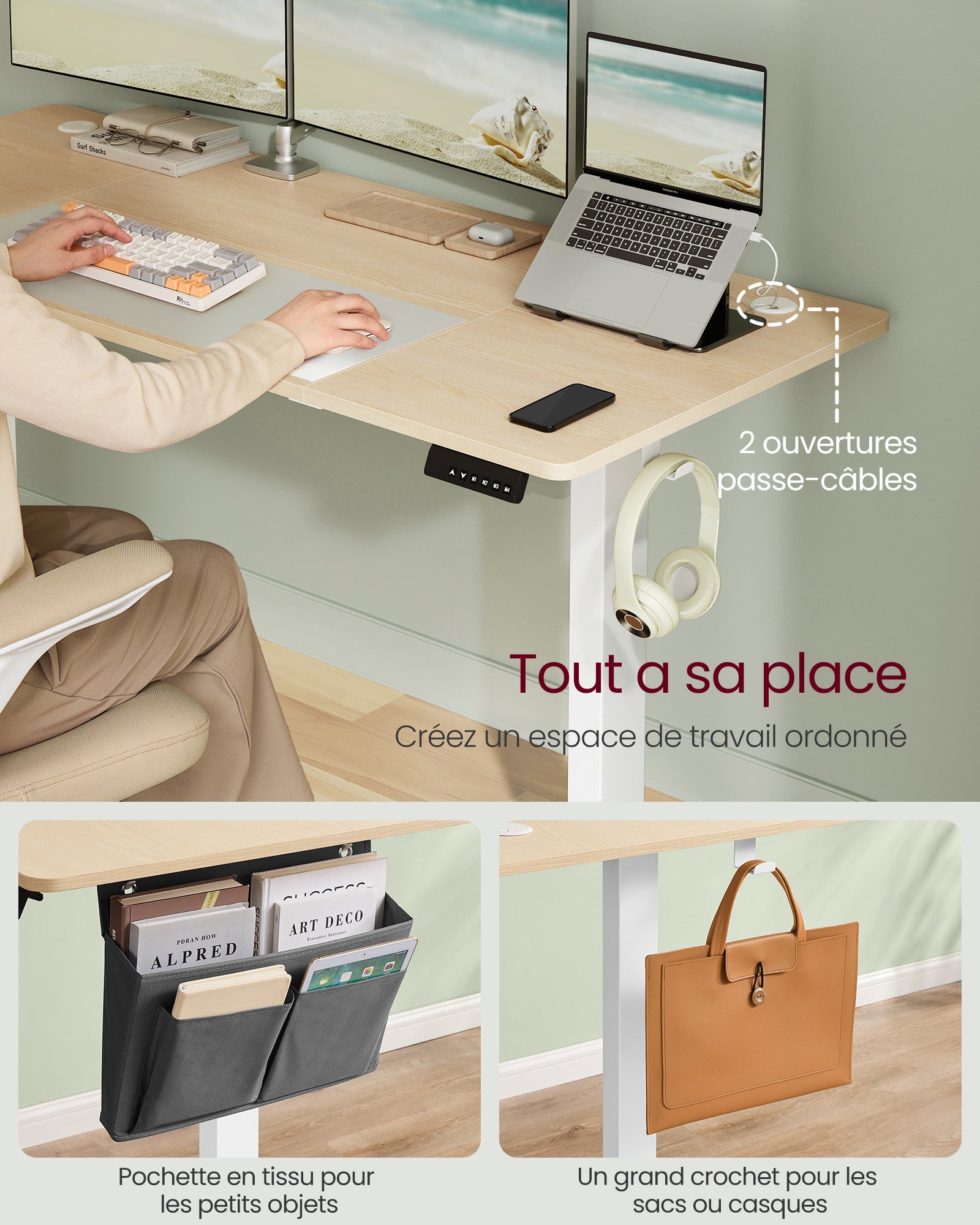 Bureau Électrique Réglable en Hauteur, 160 x 70 cm, Table Assis-debout, Fonction Mémoire 4 Hauteurs, pour Bureau, Télétravail, Doré Chêne - 5