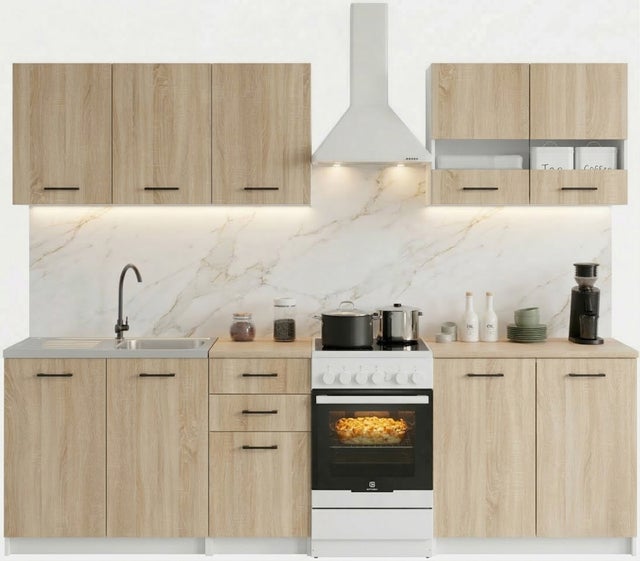 Cuisine complète Sanclar BOIS chêne 200 cm avec meuble vitré - 6 éléments