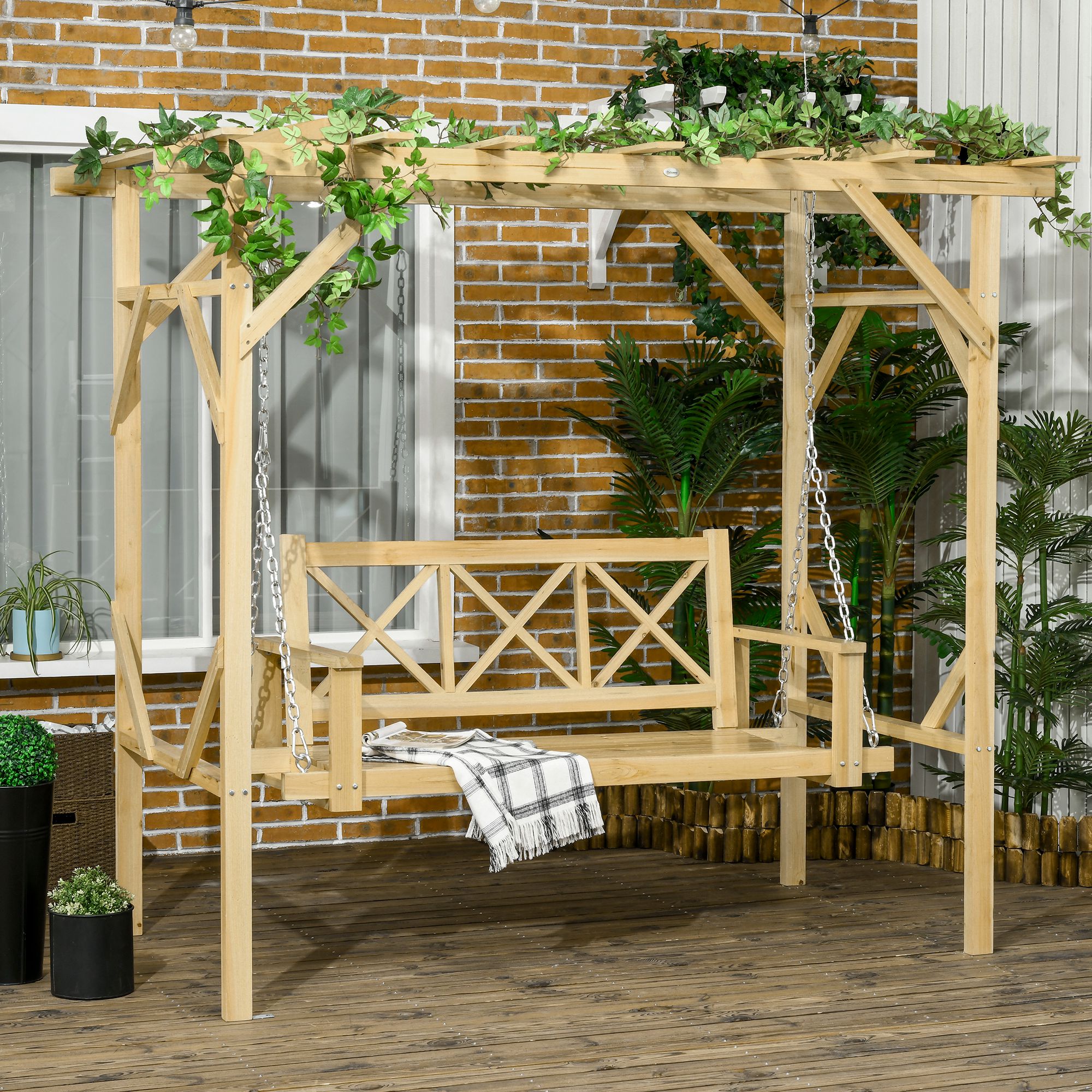 Balançoire avec dossier, 2 places, hauteur réglable, structure en bois massif, 2,21 x 1,40 x 1,96 m - 3