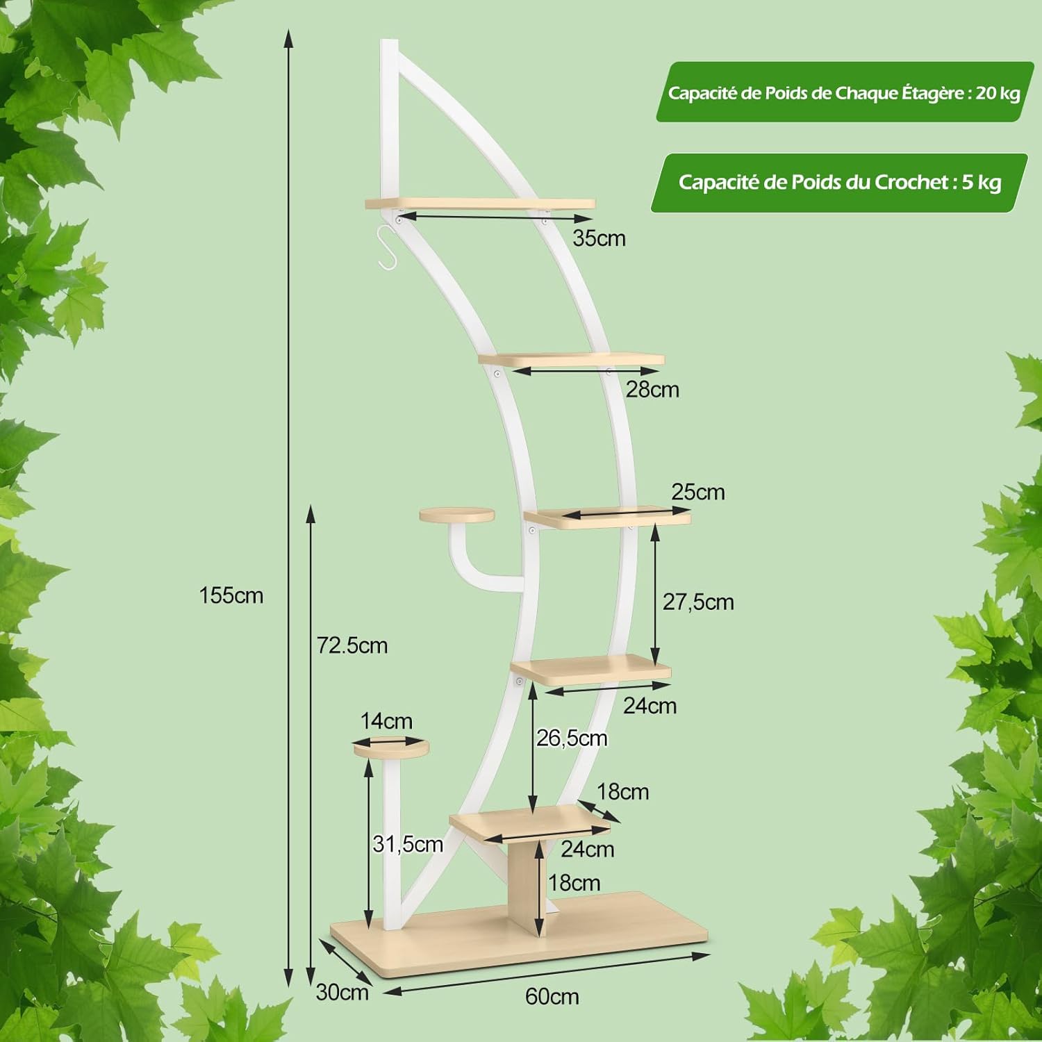 Scaffale per Piante a 7 Livelli, Scaffale a Forma di Mezza Luna con Gancio e Dispositivo Antiribaltamento, Porta Piante e Fiori per Soggiorno, - 5
