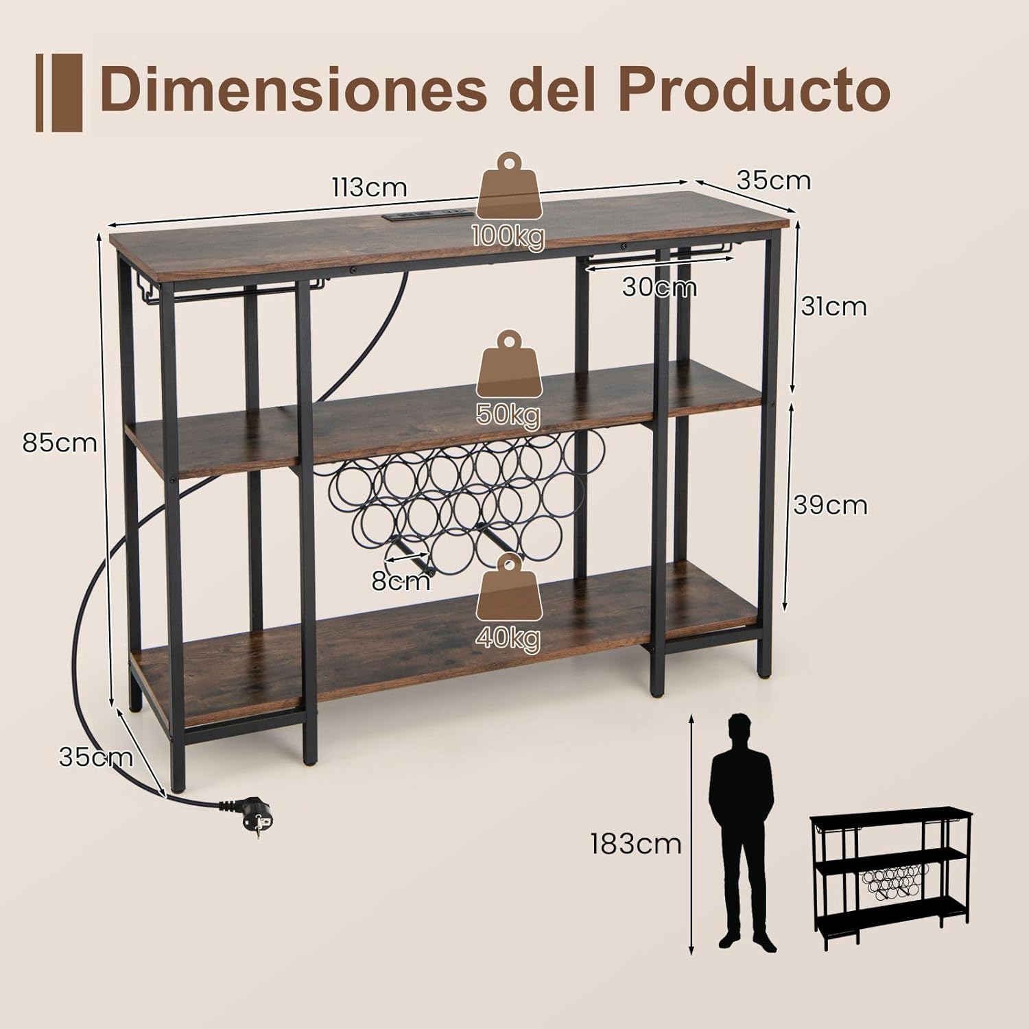 Mobile Bar Vino Con 3 Ripiani - Portabottiglie Industriale Con Prese USB, Portacalici, 113x35x85 Cm - Foto 9