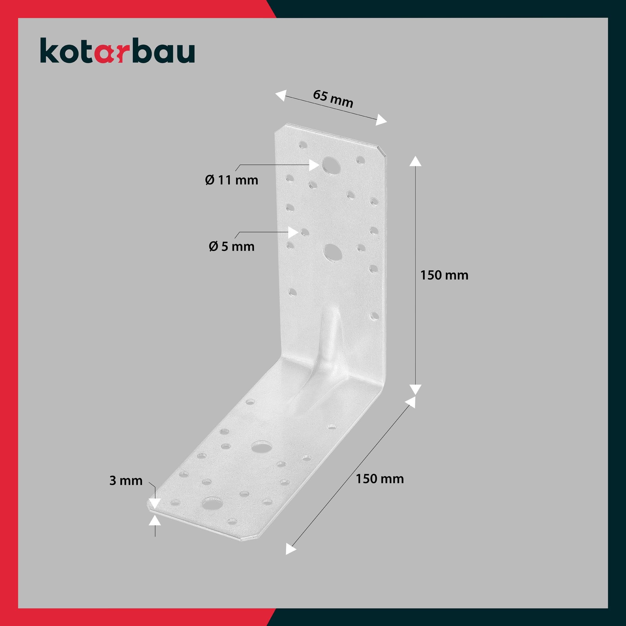 25 szt. Kątownik Ciesielski - Łącznik Budowlany - 150 x 150 x 65 mm - Stal ocynkowana - z Przetłoczeniem - Nierdzewny KOTARBAU - 3