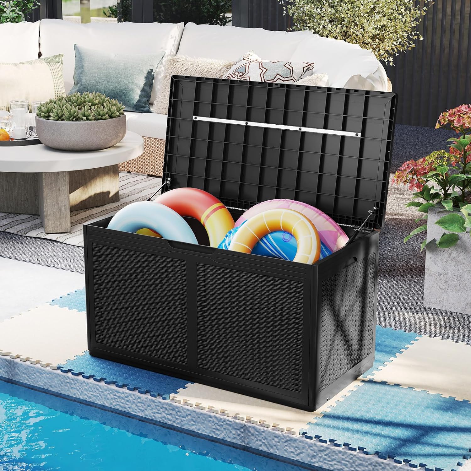 Coffre de Rangement Extérieur Étanche 380 L, Coffre Banc Jardin Exterieur avec 2 Roues, Charge 200KG (Noir,111x56x61-380L) - 9