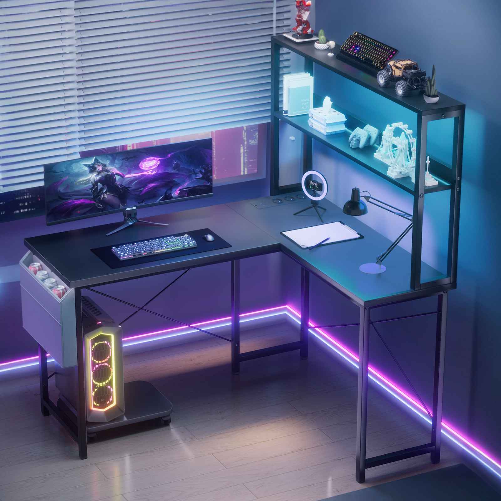 Biurko gamingowe w kształcie litery L o szerokości 135 cm z oświetleniem LED, portami USB i półkami, stolik komputerowy do domowego biura