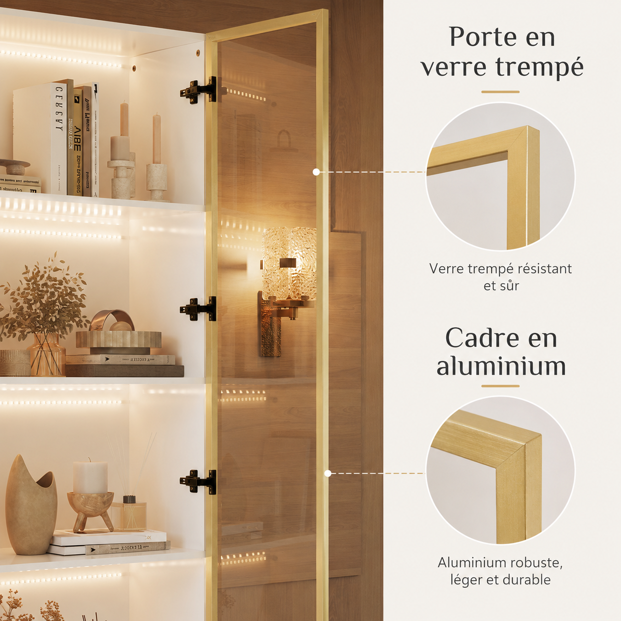 Vitrine à Lumières LED 3 couleurs, Armoire de Collection avec 2 Portes en Verre et 2 Tiroirs, Bureau et Salon, 80x36x200, Blanc - 4