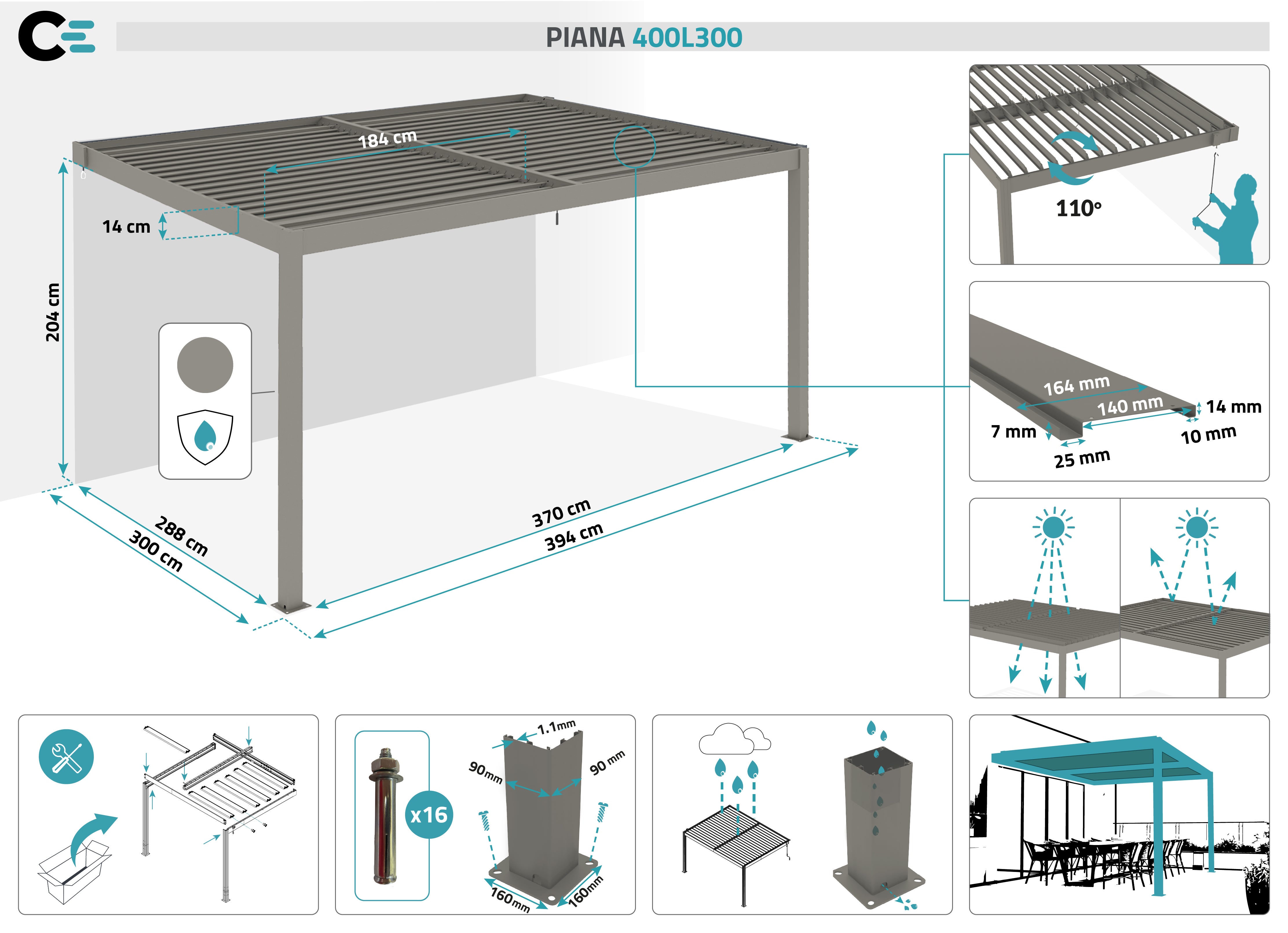 Pergola bioclimatica addossata PIANA 4x3m in alluminio tortora - lame orientabili - 2