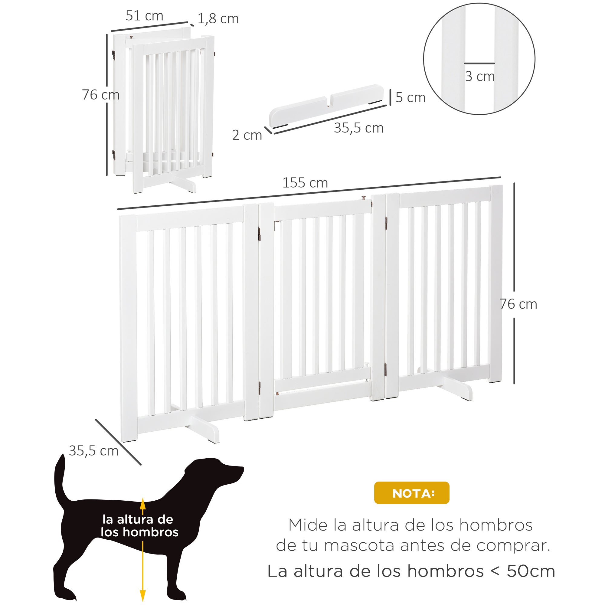 Barrera para Perros PawHut MDF Blanco 155x35.5x76 cm - 3