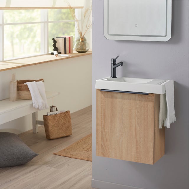 Meuble lave mains effet bois et noir avec porte serviette pour toilette
