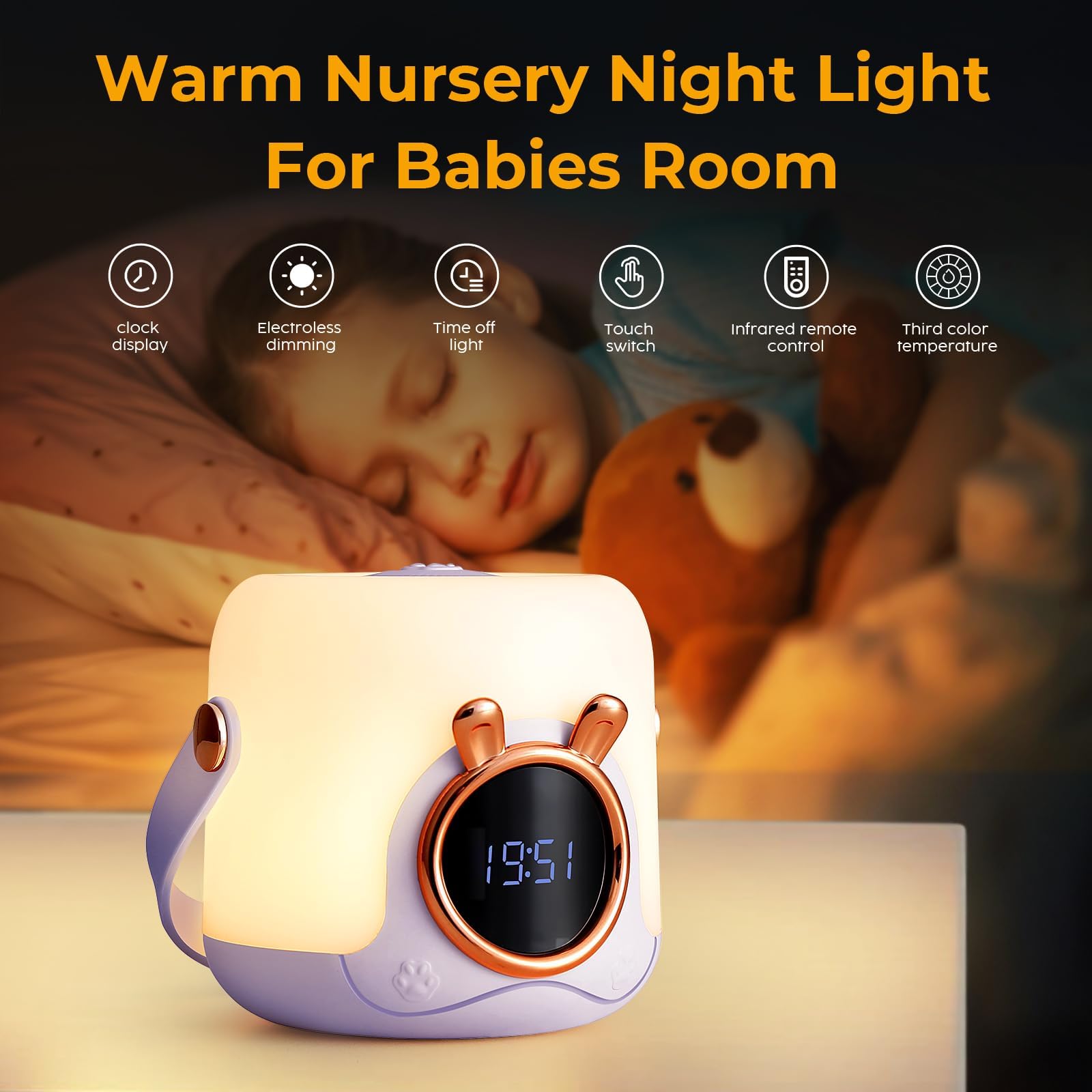 Luce notturna per bambini con orologio, luci notturne dimmerabili, lampada da tavolo portatile, 3 temperature di colore, 10,6*15,4 cm - 4