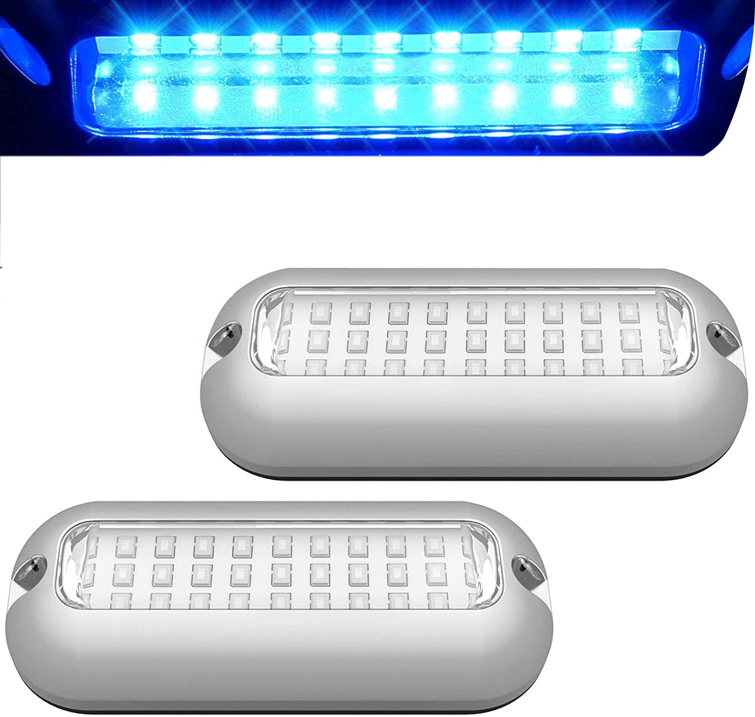 Zestaw 2 podwodnych lamp LED (27 LED, niebieskie) – Wodoodporne IP68, wykonane ze stali nierdzewnej – Oświetlenie pomostów i łodzi