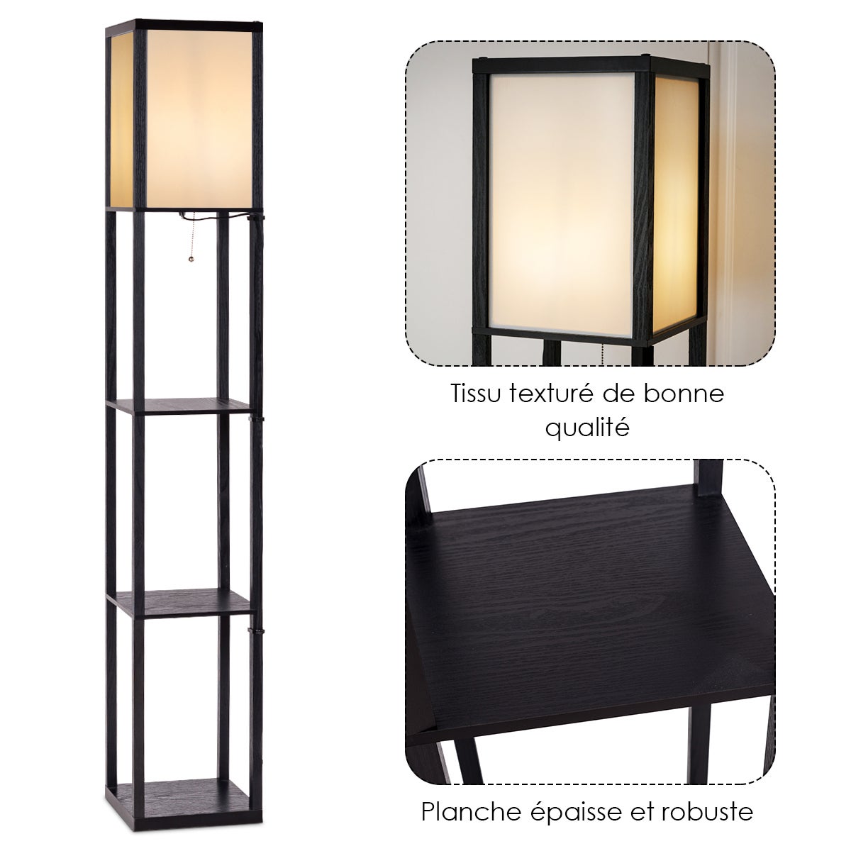 Lampa stojąca z 3 poziomami półek 220-240 V, 60 W Skandynawski design do sypialni i salonu, 26 x 26 x 160 cm, (żarówka nie wchodzi w skład zestawu) - 7